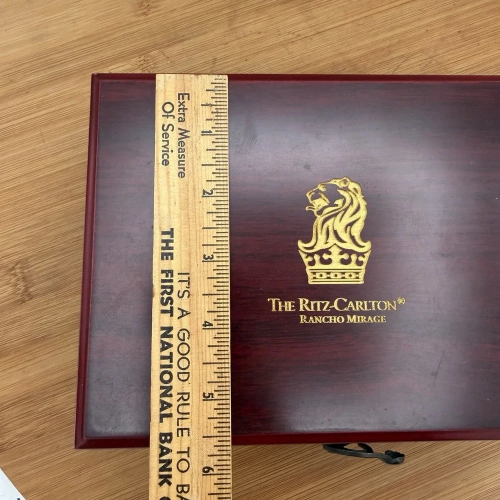 Vtg Ritz Carlton Wooden Presentation Gift Box Rancho Mirage Mahogany Satin Blue